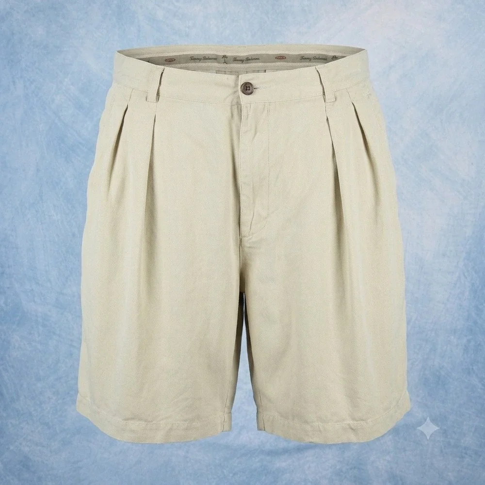 Tommy Bahama Relax Mens 36 Silk Pleated Shorts Beige Khaki Tropical Palm Tree